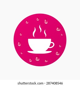 Water drops on button. Coffee cup sign icon. Hot coffee button. Realistic pure raindrops. Pink circle. Vector