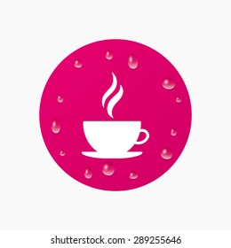 Water drops on button. Coffee cup sign icon. Hot coffee button. Hot tea drink with steam. Realistic pure raindrops. Pink circle. Vector
