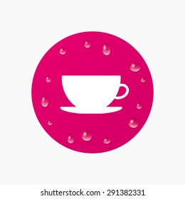 Water drops on button. Coffee cup sign icon. Coffee button. Realistic pure raindrops. Pink circle. Vector
