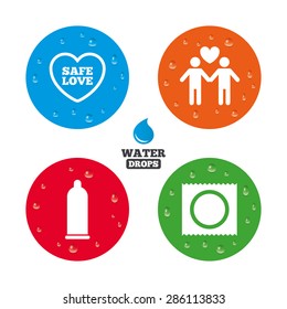 Water drops on button. Condom safe sex icons. Lovers Gay couple signs. Male love male. Heart symbol. Realistic pure raindrops on circles. Vector