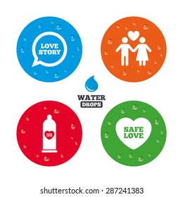 Water drops on button. Condom safe sex icons. Lovers couple signs. Male love female. Speech bubble with heart. Realistic pure raindrops on circles. Vector
