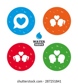 Water drops on button. Couple love icon. Lesbian and Gay lovers signs. Romantic homosexual relationships. Speech bubble with heart symbol. Realistic pure raindrops on circles. Vector