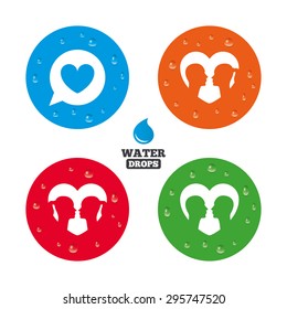 Water drops on button. Couple love icon. Lesbian and Gay lovers signs. Romantic homosexual relationships. Speech bubble with heart symbol. Realistic pure raindrops on circles. Vector