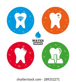 Water drops on button. Dental care icons. Caries tooth sign. Tooth endosseous implant symbol. Tooth crystal jewellery. Realistic pure raindrops on circles. Vector