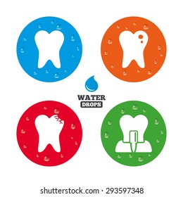 Water drops on button. Dental care icons. Caries tooth sign. Tooth endosseous implant symbol. Realistic pure raindrops on circles. Vector