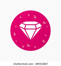 Water drops on button. Diamond sign icon. Jewelry symbol. Gem stone. Realistic pure raindrops. Pink circle. Vector