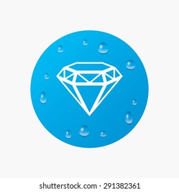 Water drops on button. Diamond sign icon. Jewelry symbol. Gem stone. Realistic pure raindrops. Blue circle. Vector