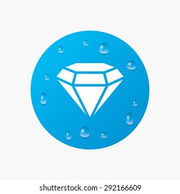 Water drops on button. Diamond sign icon. Jewelry symbol. Gem stone. Realistic pure raindrops. Blue circle. Vector