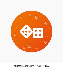 Water drops on button. Dices sign icon. Casino game symbol. Realistic pure raindrops. Orange circle. Vector