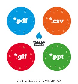 Water drops on button. Document icons. File extensions symbols. PDF, GIF, CSV and PPT presentation signs. Realistic pure raindrops on circles. Vector