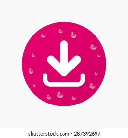 Water drops on button. Download icon. Upload button. Load symbol. Realistic pure raindrops. Pink circle. Vector