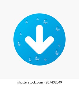 Water drops on button. Download icon. Upload button. Load symbol. Realistic pure raindrops. Blue circle. Vector