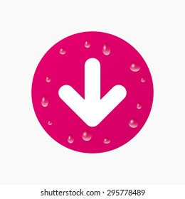 Water drops on button. Download icon. Upload button. Load symbol. Realistic pure raindrops. Pink circle. Vector