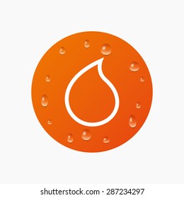 Water drops on button. Water drop sign icon. Tear symbol. Realistic pure raindrops. Orange circle. Vector