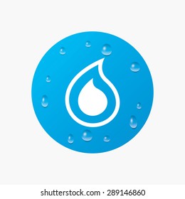 Water drops on button. Water drop sign icon. Tear symbol. Realistic pure raindrops. Blue circle. Vector