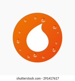 Water drops on button. Water drop sign icon. Tear symbol. Realistic pure raindrops. Orange circle. Vector