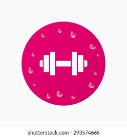 Water drops on button. Dumbbell sign icon. Fitness symbol. Realistic pure raindrops. Pink circle. Vector