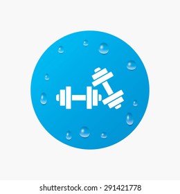 Water drops on button. Dumbbells sign icon. Fitness sport symbol. Gym workout equipment. Realistic pure raindrops. Blue circle. Vector