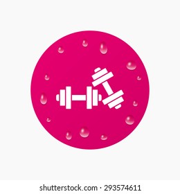 Water drops on button. Dumbbells sign icon. Fitness sport symbol. Gym workout equipment. Realistic pure raindrops. Pink circle. Vector