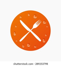 Water drops on button. Eat sign icon. Cutlery symbol. Fork and knife crosswise. Realistic pure raindrops. Orange circle. Vector