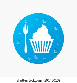 Water drops on button. Eat sign icon. Dessert trident fork with muffin. Cutlery symbol. Realistic pure raindrops. Blue circle. Vector