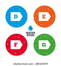 Water drops on button. Energy efficiency class icons. Energy consumption sign symbols. Class D, E, F and G. Realistic pure raindrops on circles. Vector