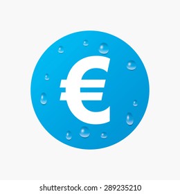 Water drops on button. Euro sign icon. EUR currency symbol. Money label. Realistic pure raindrops. Blue circle. Vector