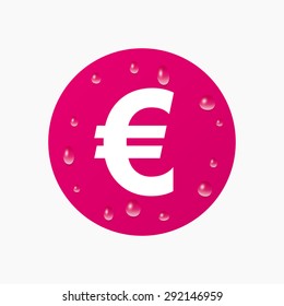 Water drops on button. Euro sign icon. EUR currency symbol. Money label. Realistic pure raindrops. Pink circle. Vector
