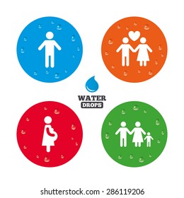 Water drops on button. Family lifetime icons. Couple love, pregnancy and birth of a child symbols. Human male person sign. Realistic pure raindrops on circles. Vector
