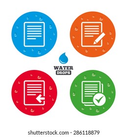 Water drops on button. File document icons. Upload file symbol. Edit content with pencil sign. Select file with checkbox. Realistic pure raindrops on circles. Vector
