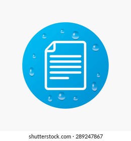 Water drops on button. File document icon. Download doc button. Doc file symbol. Realistic pure raindrops. Blue circle. Vector
