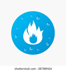 Water drops on button. Fire flame sign icon. Fire symbol. Stop fire. Escape from fire. Realistic pure raindrops. Blue circle. Vector