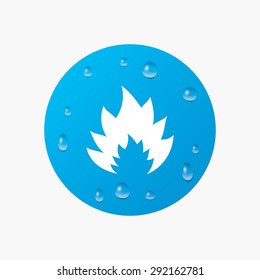 Water drops on button. Fire flame sign icon. Heat symbol. Stop fire. Escape from fire. Realistic pure raindrops. Blue circle. Vector