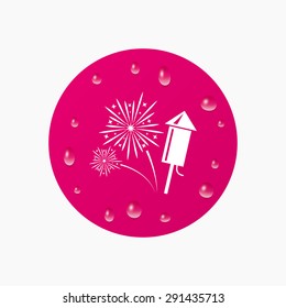 Water drops on button. Fireworks with rocket sign icon. Explosive pyrotechnic symbol. Realistic pure raindrops. Pink circle. Vector