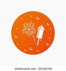 Water drops on button. Fireworks with rocket sign icon. Explosive pyrotechnic symbol. Realistic pure raindrops. Orange circle. Vector