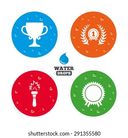 Water drops on button. First place award cup icons. Laurel wreath sign. Torch fire flame symbol. Prize for winner. Realistic pure raindrops on circles. Vector