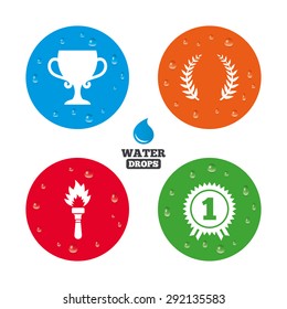 Water drops on button. First place award cup icons. Laurel wreath sign. Torch fire flame symbol. Prize for winner. Realistic pure raindrops on circles. Vector