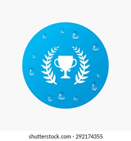 Water drops on button. First place cup award sign icon. Prize for winner symbol. Laurel Wreath. Realistic pure raindrops. Blue circle. Vector