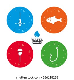 Water drops on button. Fishing icons. Fish with fishermen hook sign. Float bobber symbol. Realistic pure raindrops on circles. Vector