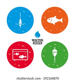 Water drops on button. Fishing icons. Fish with fishermen hook sign. Float bobber symbol. Aquarium icon. Realistic pure raindrops on circles. Vector