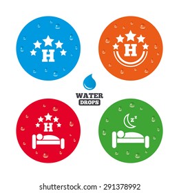 Water drops on button. Five stars hotel icons. Travel rest place symbols. Human sleep in bed sign. Realistic pure raindrops on circles. Vector