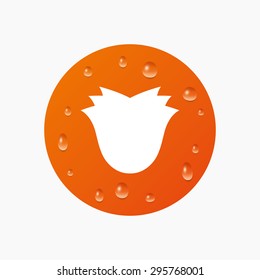 Water drops on button. Flower sign icon. Rose symbol. Realistic pure raindrops. Orange circle. Vector