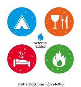 Water drops on button. Food, sleep, camping tent and fire icons. Knife, fork and wineglass. Hotel or bed and breakfast. Road signs. Realistic pure raindrops on circles. Vector