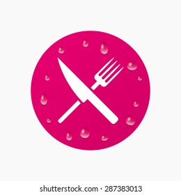 Water drops on button. Food sign icon. Cutlery symbol. Knife and fork. Realistic pure raindrops. Pink circle. Vector
