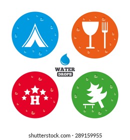Water drops on button. Food, hotel, camping tent and tree icons. Wineglass and fork. Break down tree. Road signs. Realistic pure raindrops on circles. Vector