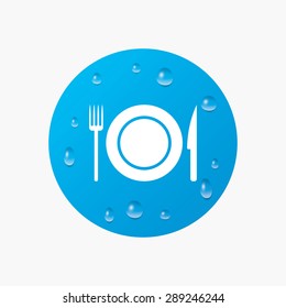 Water drops on button. Food sign icon. Cutlery symbol. Knife and fork, dish. Realistic pure raindrops. Blue circle. Vector