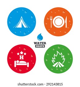 Water drops on button. Food, sleep, camping tent and fire icons. Knife, fork and dish. Hotel or bed and breakfast. Road signs. Realistic pure raindrops on circles. Vector