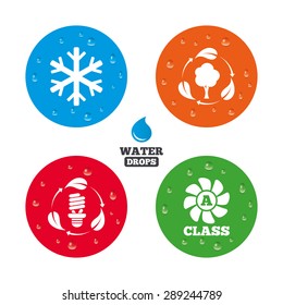 Water drops on button. Fresh air icon. Forest tree with leaves sign. Fluorescent energy lamp bulb symbol. A-class ventilation. Air conditioning symbol. Realistic pure raindrops on circles. Vector