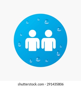 Water drops on button. Friends sign icon. Social media symbol. Realistic pure raindrops. Blue circle. Vector
