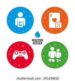 Water drops on button. Gamer icons. Board games players signs. Video game joystick symbol. Casino playing card. Realistic pure raindrops on circles. Vector
